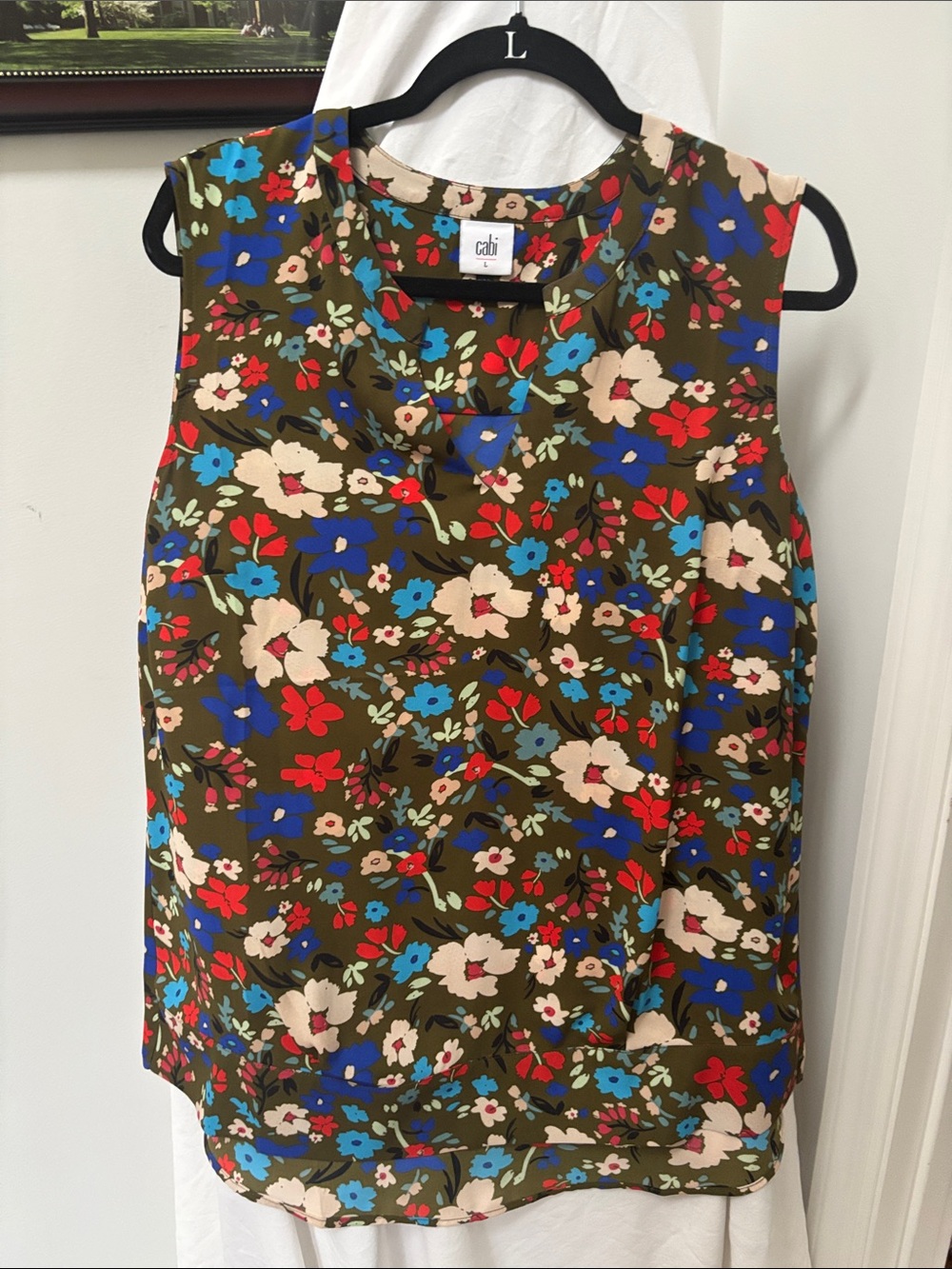 CAbi Olive Floral Sleeveless sleeveless top — Blue, Red & Cream Flowers